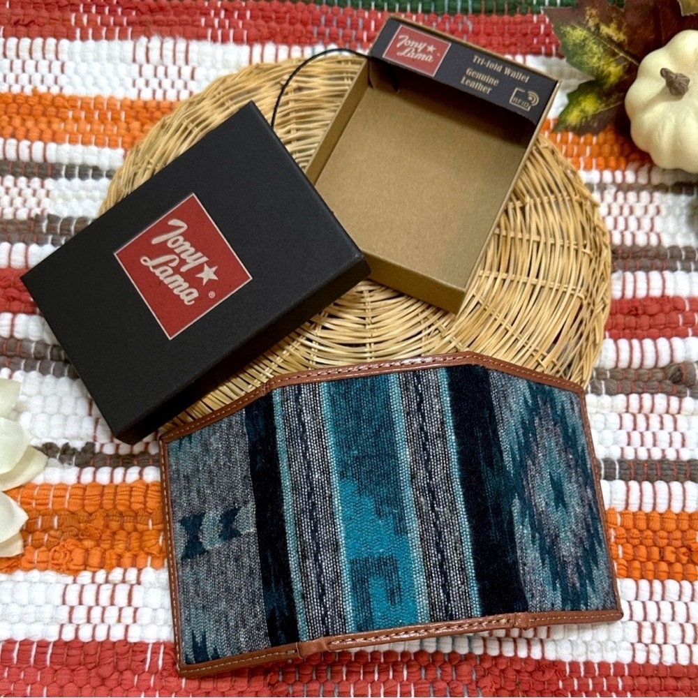 New Tony Lama Tri-Fold Wallet RFID Blue Aztec Canvas Leather Cowboy Western NWT